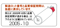 製造ロット番号と品質保証期間の缶底表示の説明のイラストです。製造ロット番号と品質保証期間は、缶底に表示しています。例えば、2005年10月に品質保証期間が過ぎる場合、次のように記載されています。2005．10