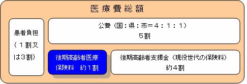 後期高齢者制度の医療費は、患者負担を除き、公費（5割）、現役世代からの支援（約4割）、保険料（約1割）で構成されることを説明する図