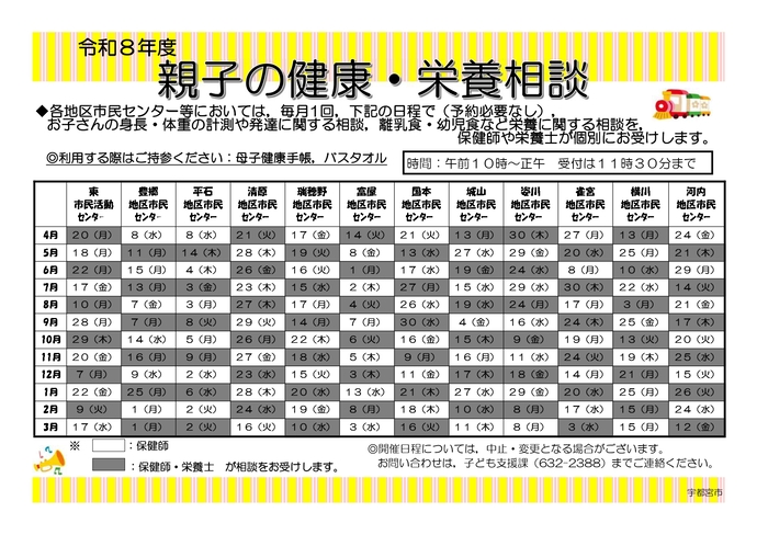 令和8年度、親子の健康・栄養相談の相談会場・年間日程が記載された画像データです。下へスクロールすると、テキストにて相談会場・日程の記載があります。