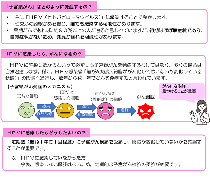 子宮頸がんは主に「HPV（ヒトパピローマウイルス）」に感染することで発症します。 早期がんであれば、約90％以上の人が治ると言われていますが、初期はほぼ無症状であり、自覚症状がないため、発見が遅れる可能性があります。HPVに感染したからといって必ずしも子宮頸がんを発症するわけではなく、多くの場合は自然治癒します。稀に、HPV感染後「前がん病変（細胞ががん化してはいないが変化している状態）」の段階へ進行し、数年から数十年でがんを発症すると言われています。HPVに感染していることが分かった場合、定期的（概ね1年に1回程度）に子宮がん検診を受診し、細胞が変化していないかを確認することが重要です。HPVに感染していなくても、今後感染しない保証はないため、定期的に子宮がん検診は受診しましょう。