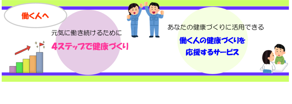 働く人へ元気に働き続けるために4ステップで健康づくり、あなたの健康づくりに活用できる働く人の健康づくりを応援するサービス