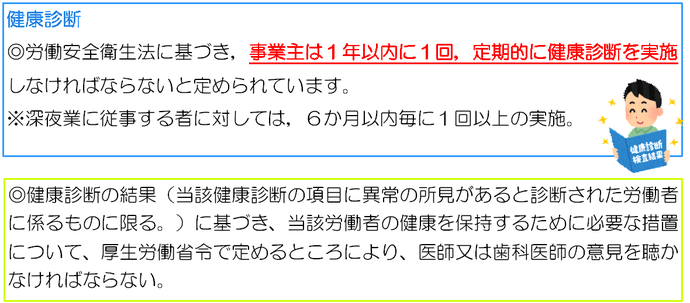 労働安全衛生法に基づき、事業主は1年以内に1回、定期的に健康診断を実施しなければならないと定められています。深夜業に従事する者に対しては、6か月以内毎に1回以上の健康診断の実施が定められています。健康診断の結果（当該健康診断の項目に異常の所見があると診断された労働者に係るものに限る）に基づき、当該労働者の健康を保持するために必要な措置について、厚生労働省令で定めるところにより、医師または歯科医師の意見を聴かなければならないとされています。