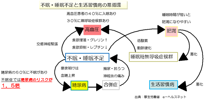 図：不眠・睡眠不足と生活習慣病の悪循環　不眠・睡眠不足により食欲抑制のホルモンが減少し、食欲増進のホルモンが増加することから肥満につながり、生活習慣病や睡眠時無呼吸症候群の悪化につながります。また、不眠・睡眠不足により、高血圧や糖尿病にもつながる可能性が高い。糖尿病患者の60％に不眠があり、不眠症では糖尿病のリスクが1.5倍となる。