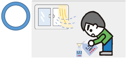 消毒用アルコールを容器に詰め替えるときは、通気の良い場所で行い、漏れやあふれ、飛散に注意すること。