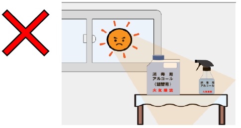 消毒用アルコールの容器を設置、保管する場所は、直射日光が当たる場所や高温となる場所を避けること。