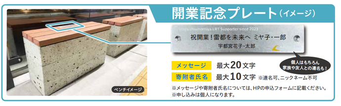 開業記念プレート（イメージ）　メッセージ最大20文字　寄附者氏名最大10文字　個人はもちろん家族や友人との連名も