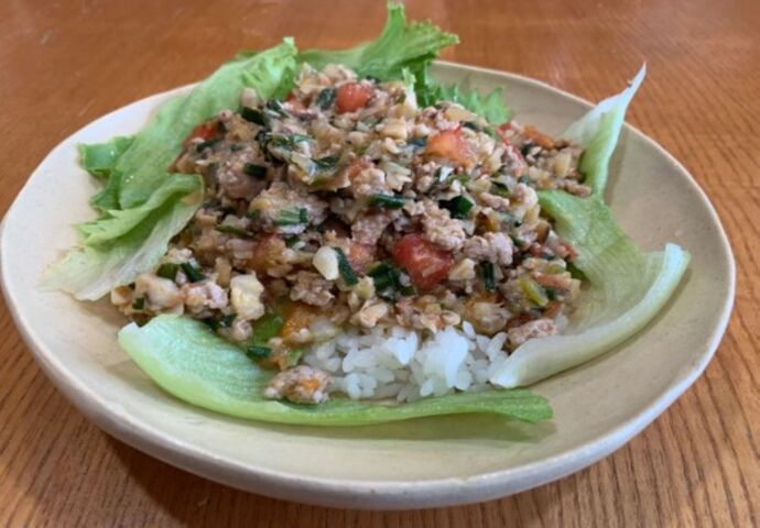 タコライス風つつまないトマト餃子丼の写真です。